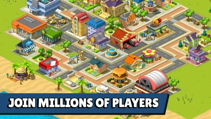 Diversos edifícios em Village City. Jogue com dinheiro infinito no MOD APK.