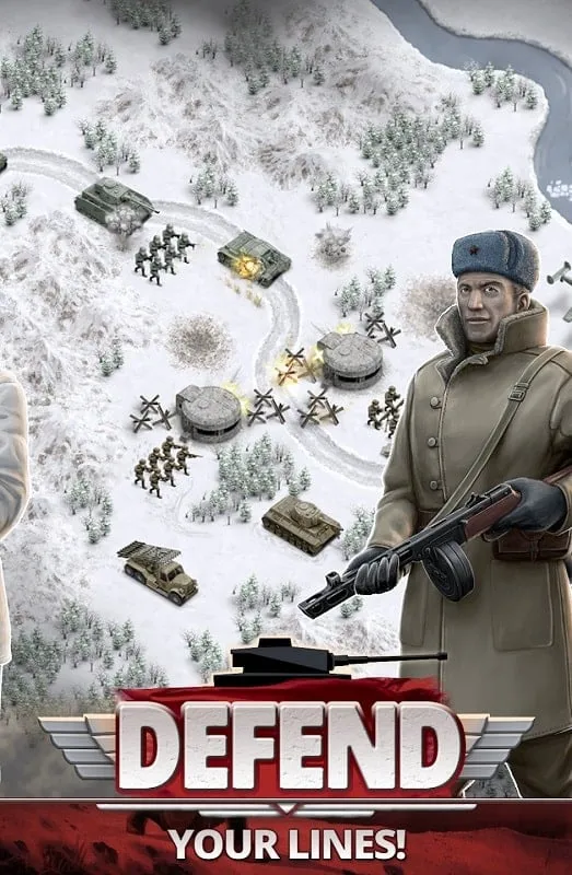 Imagen del juego 1941 Frozen Front Premium mostrando unidades militares en un campo de batalla nevado.