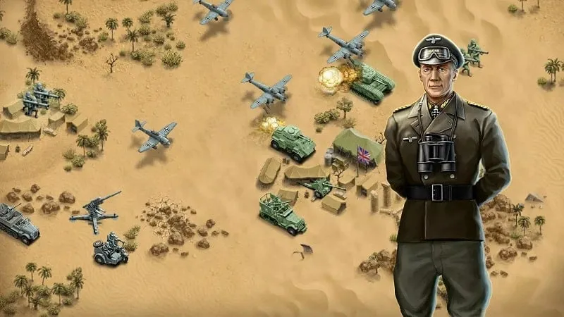 Screenshot 1943 Deadly Desert Premium yang menunjukkan medan perang gurun dengan tank yang terlibat dalam pertempuran.