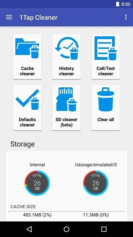 Interfaz del MOD 1Tap Cleaner Pro mostrando funciones premium