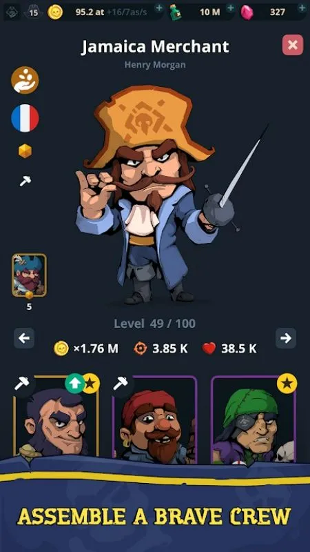 Atualizando edifícios na interface do jogo Idle Pirates.