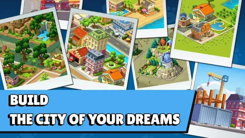 Tela de seleção de edifícios em Village City. MOD APK com dinheiro infinito para construções.