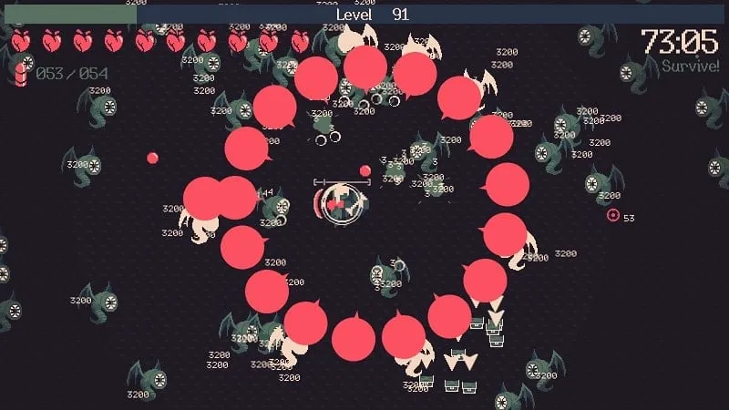 Tangkapan layar aksi dalam game, menampilkan karakter yang menggunakan kemampuan khusus di 20 Minutes Till Dawn.