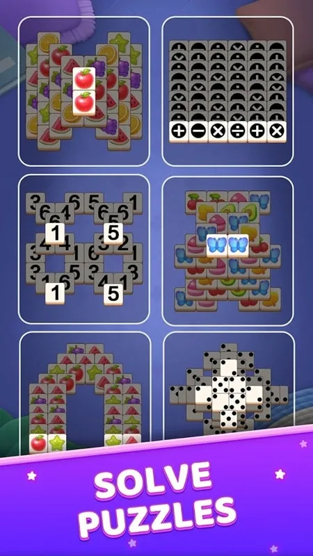 Screenshot showcasing the variety of tile styles available in 3 Tiles Match.