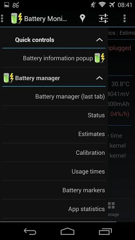 3C Battery Manager mostrando estadísticas de la batería