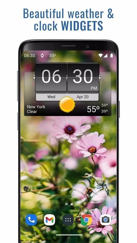 Tampilan antarmuka 3D Flip Clock Weather Mod dengan fitur premium