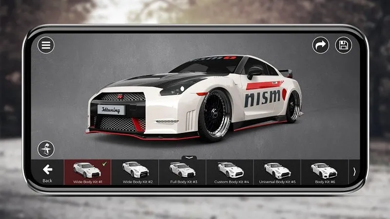 Customizing a car in the 3DTuning app using the available modification options.