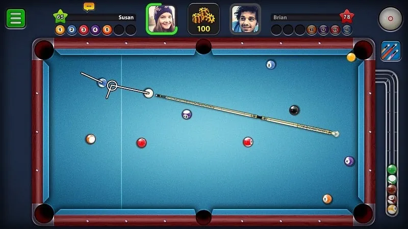 Tampilan antarmuka game 8 Ball Pool MOD APK dengan fitur garis panjang.