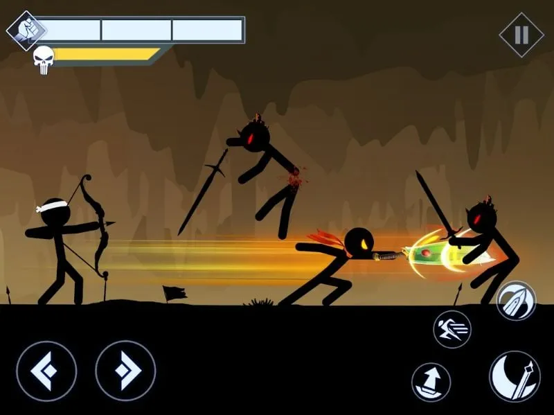 Cena intensa de luta contra chefes em Stickman Legends.