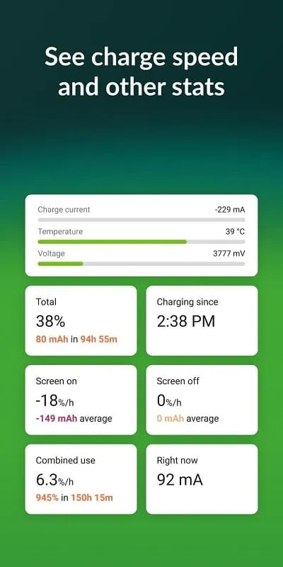 Interface do AccuBattery mod mostrando recursos premium