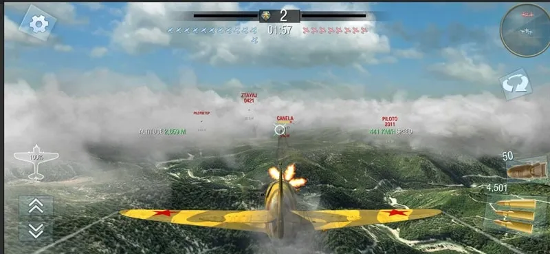 Screenshot gameplay yang menampilkan menu upgrade di Ace Squadron dengan uang tak terbatas.