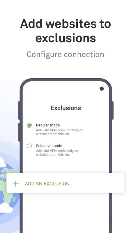 Interface do AdGuard VPN Mod exibindo as opções de configurações