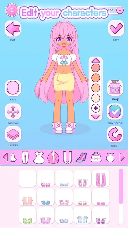 Captura de pantalla del juego Adorable Closet que muestra las opciones de personalización de personajes.