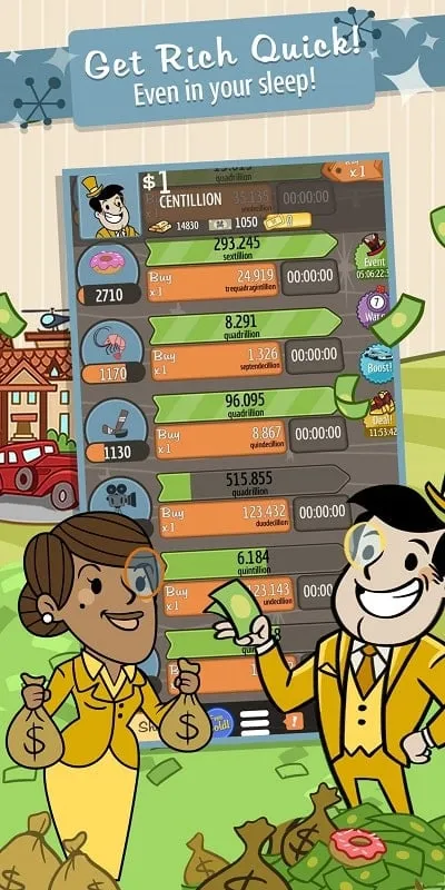 Screenshot tampilan dalam game yang menunjukkan uang dan tiket tak terbatas di AdVenture Capitalist MOD APK.