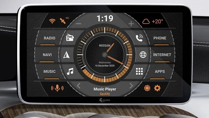 Close-up of AGAMA Car Launcher mod interface highlighting the music player and playlist features