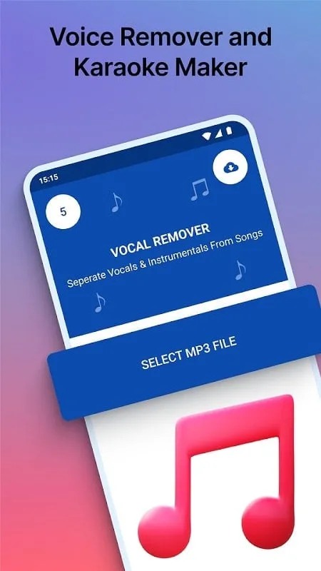 Tampilan antarmuka AI Vocal Remover Karaoke mod dengan fitur premium