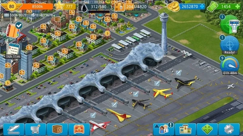 Example of using unlimited money to upgrade buildings and purchase new aircraft in Airport City.