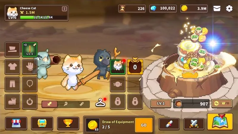 Memperlengkapi gear ke karakter di Animal Quest: Idle RPG mod.