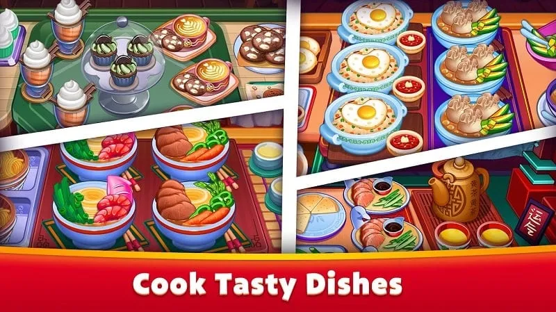 Captura de pantalla del juego que muestra la función de dinero ilimitado en Asian Cooking Star MOD APK.