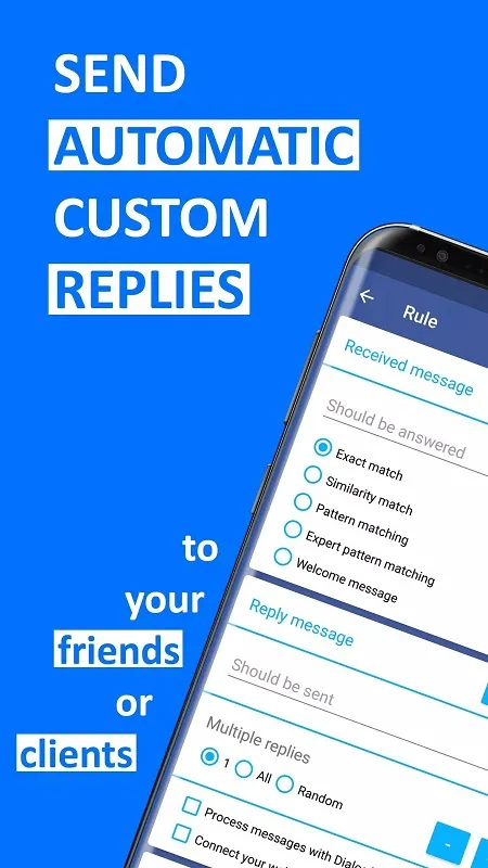 Interface do AutoResponder for FB Messenger Mod mostrando recursos premium