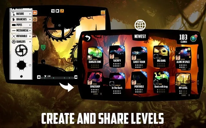 Tampilan dalam game BADLAND yang menunjukkan lingkungan.