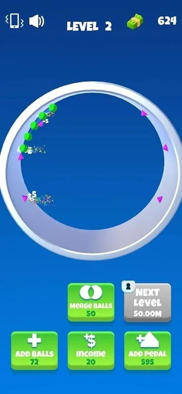 Gameplay screenshot showcasing the upgrade menu in Balls Perfect! with unlimited money.