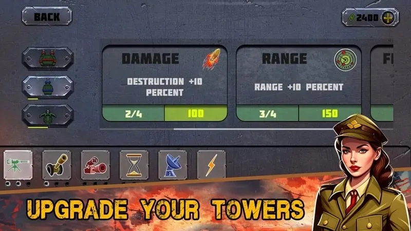 Image displaying the upgrade options for a specific tower in Battle Strategy.