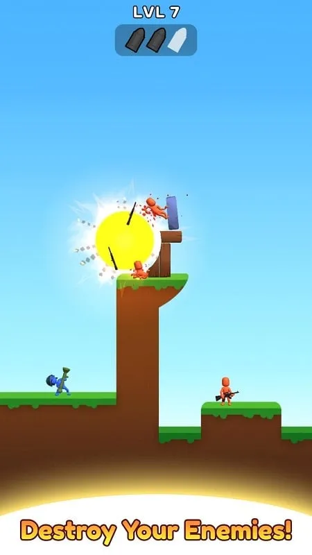 Screenshot da jogabilidade de Bazooka Boy mostrando a destruição de estruturas inimigas.