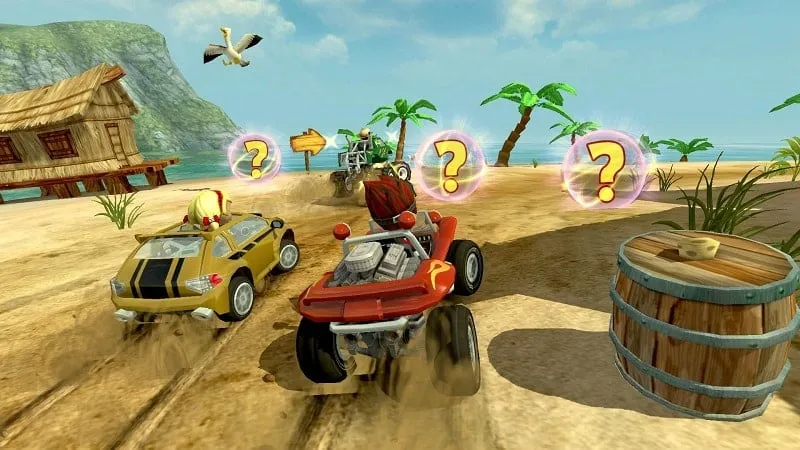 Hình ảnh gameplay Beach Buggy Racing, cho thấy một cuộc đua đang diễn ra với nhiều xe kart cạnh tranh.