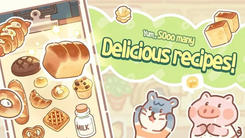 In-game screenshot showcasing the variety of breads in Bear Bakery.