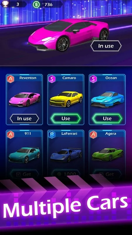 Muestra del menú de selección de autos en Beat Racing MOD APK con dinero ilimitado.