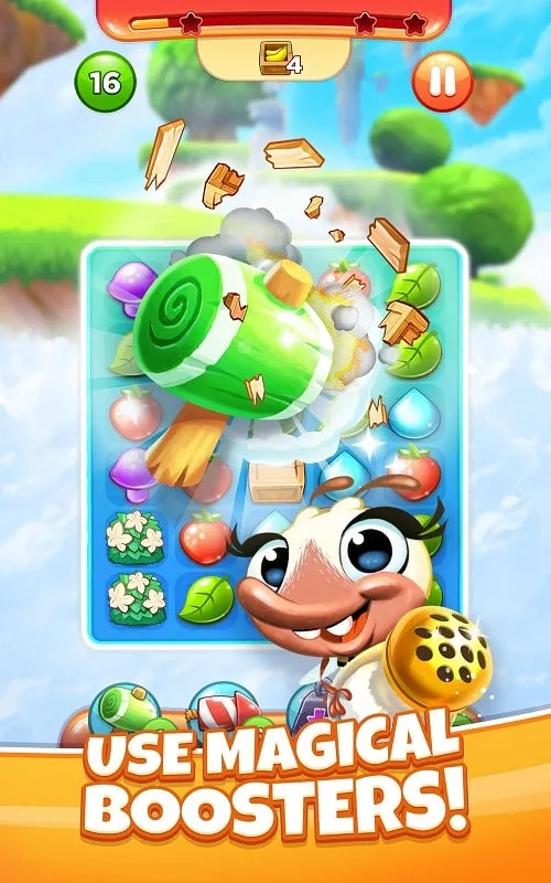 Gameplay screenshot showcasing the use of unlimited money and hearts in Best Fiends Stars.