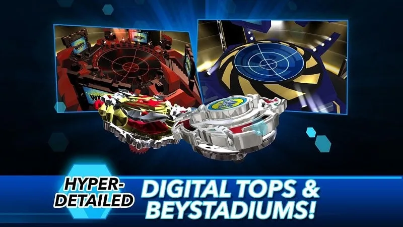 Tangkapan layar pertarungan dalam game Beyblade Burst.