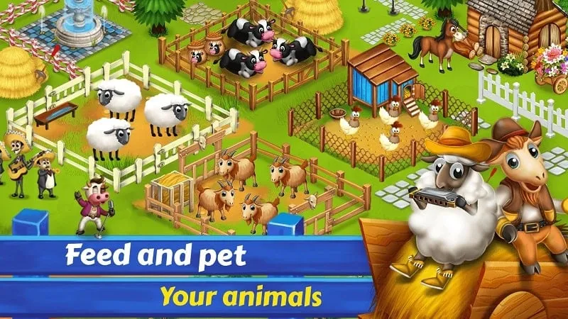 A screenshot of the Big Farmer Town game interface displaying the farm with various crops and animals.