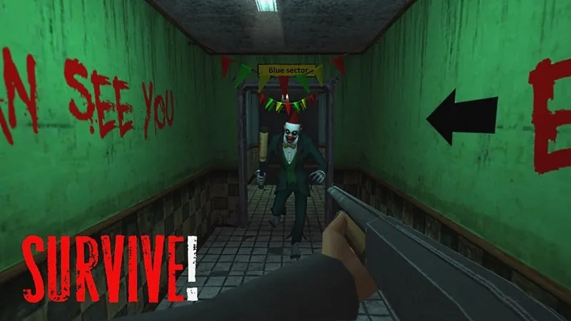 In-game screenshot showing the character hiding from the clown in Billy Wants to Play.