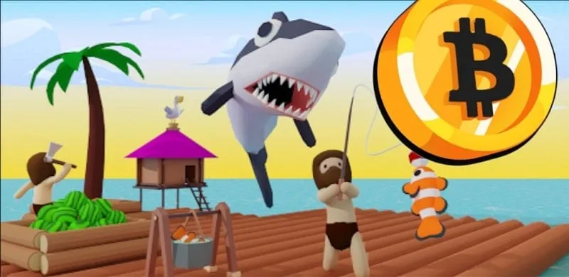 Captura de pantalla de Bitcoin Castaway mostrando la balsa y el océano circundante.