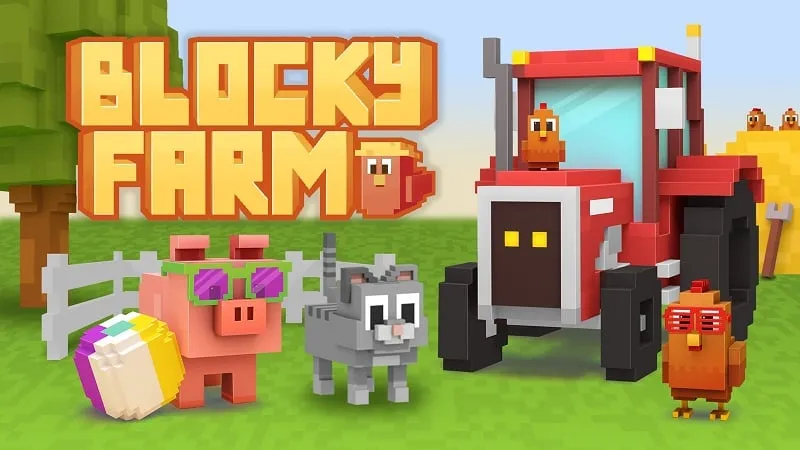 Hình ảnh gameplay Blocky Farm, hiển thị đồ họa khối vuông và môi trường nông trại.