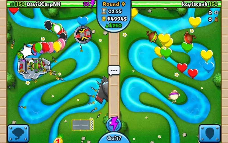 Captura de tela do jogo Bloons TD Battles mostrando várias torres de macacos em ação.