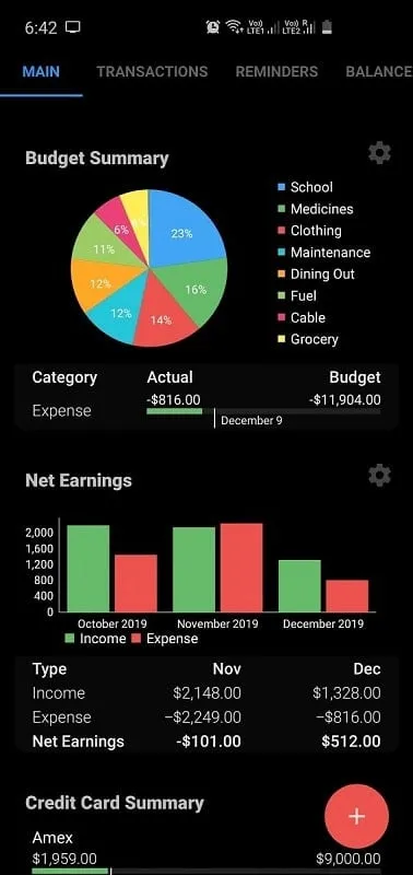 Tampilan antarmuka Bluecoins mod dengan fitur premium