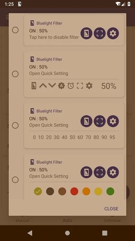 Opções de cores do filtro de luz azul