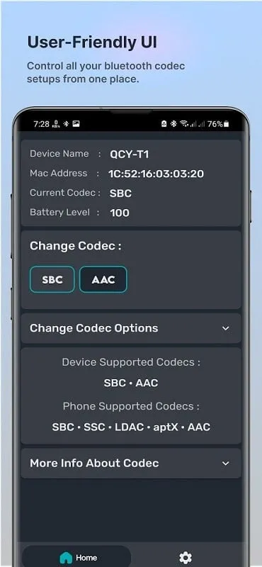 Interface do mod Bluetooth Codec Changer