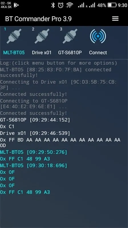 Bluetooth Commander Pro mod android demonstrating device connection