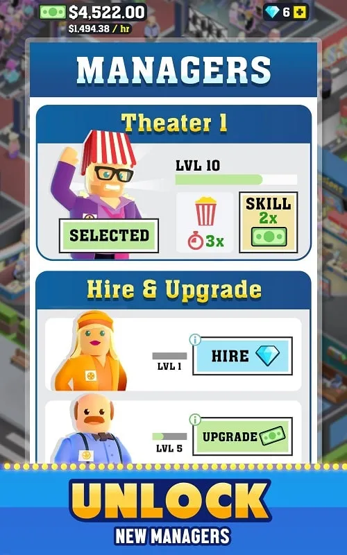 Box Office Tycoon staff management screen.