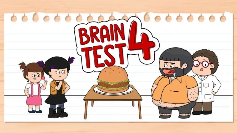 Màn hình bắt đầu của trò chơi Brain Test 4, hiển thị nhân vật chính và câu đố ban đầu.