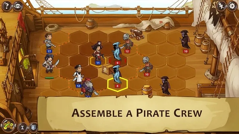 Personajes y criaturas piratas en batalla, destacando la mecánica de combate del juego.