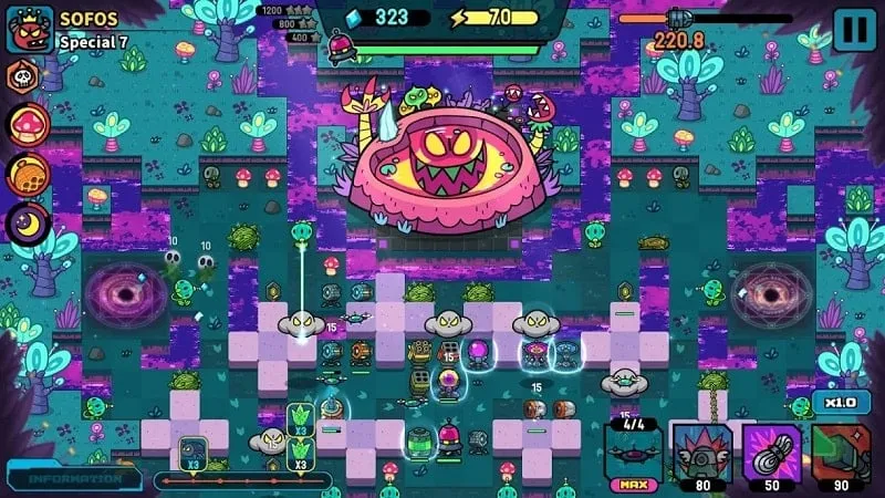 Nâng cấp đơn vị với tiền không giới hạn trong Broken Universe Tower Defense.