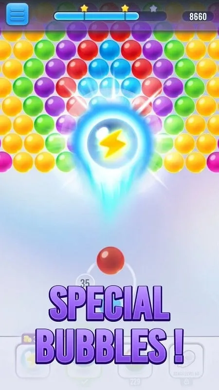 Ảnh chụp màn hình gameplay hiển thị vô hạn tiền vàng trong Bubble Shooter Original Game.