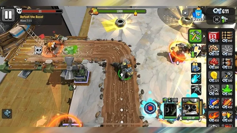 A screenshot highlighting the strategic tower placement and upgrade options in Bug Heroes.