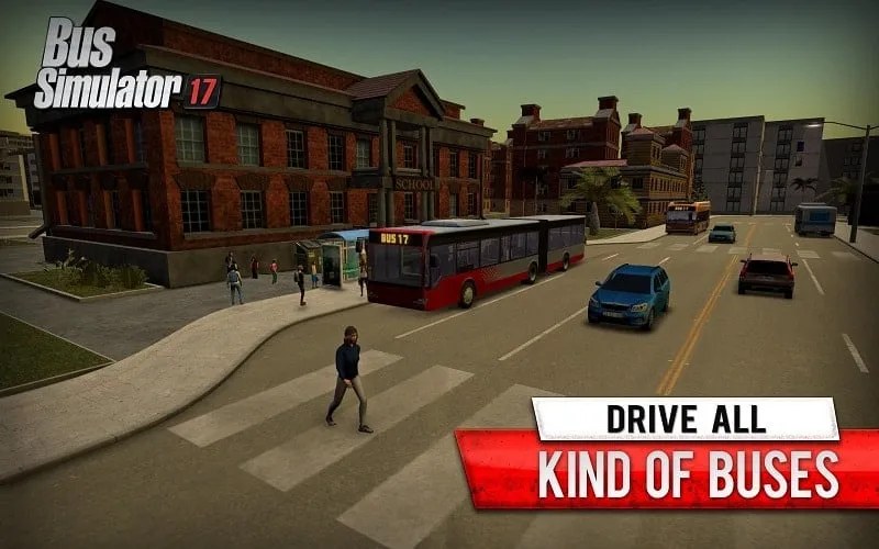 In-game screenshot of the bus driving through a city street.