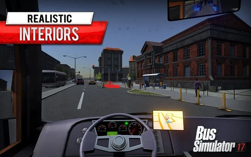 Gameplay screenshot highlighting the interior of the bus and the driver's perspective.